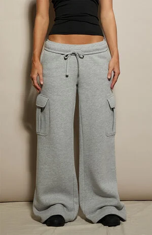 Heather Grey Ultra Soft Fleece Cargo Baggy Sweatpants image number 2
