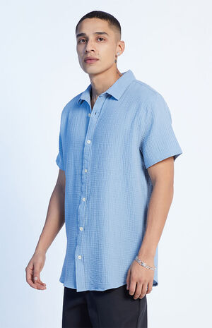 Blue Textured Classic Camp Shirt image number 1