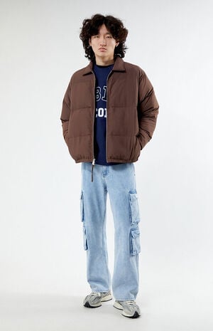 Brown Collared Puffer Jacket image number 3