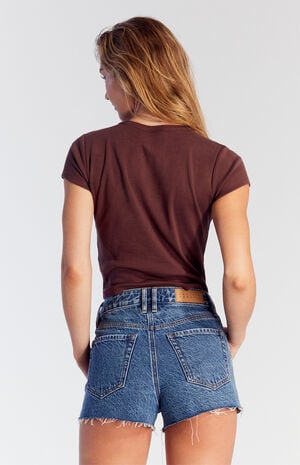 Medium Indigo Raw Cut High Waisted Denim Festival Shorts image number 4