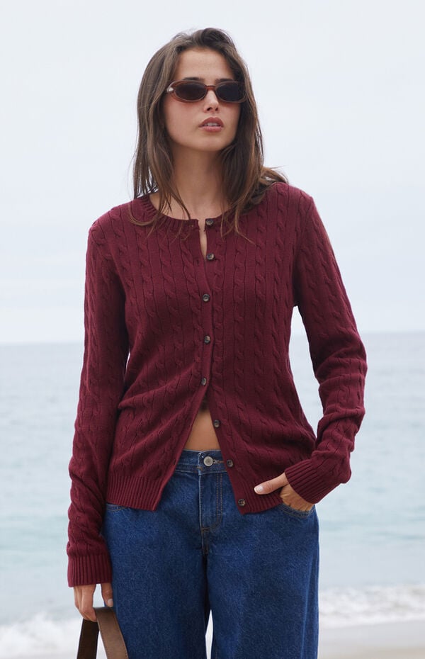 John Galt Burgundy Amalie Cable Knit Cardigan