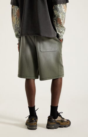 Washed Green Fleece Baggy Sweat Shorts image number 5