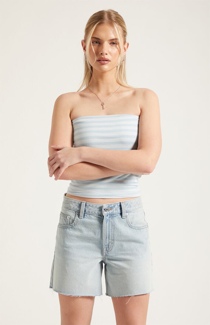 Pacsun Sophie Denim Mom Shorts Raw Cut Light Blue
