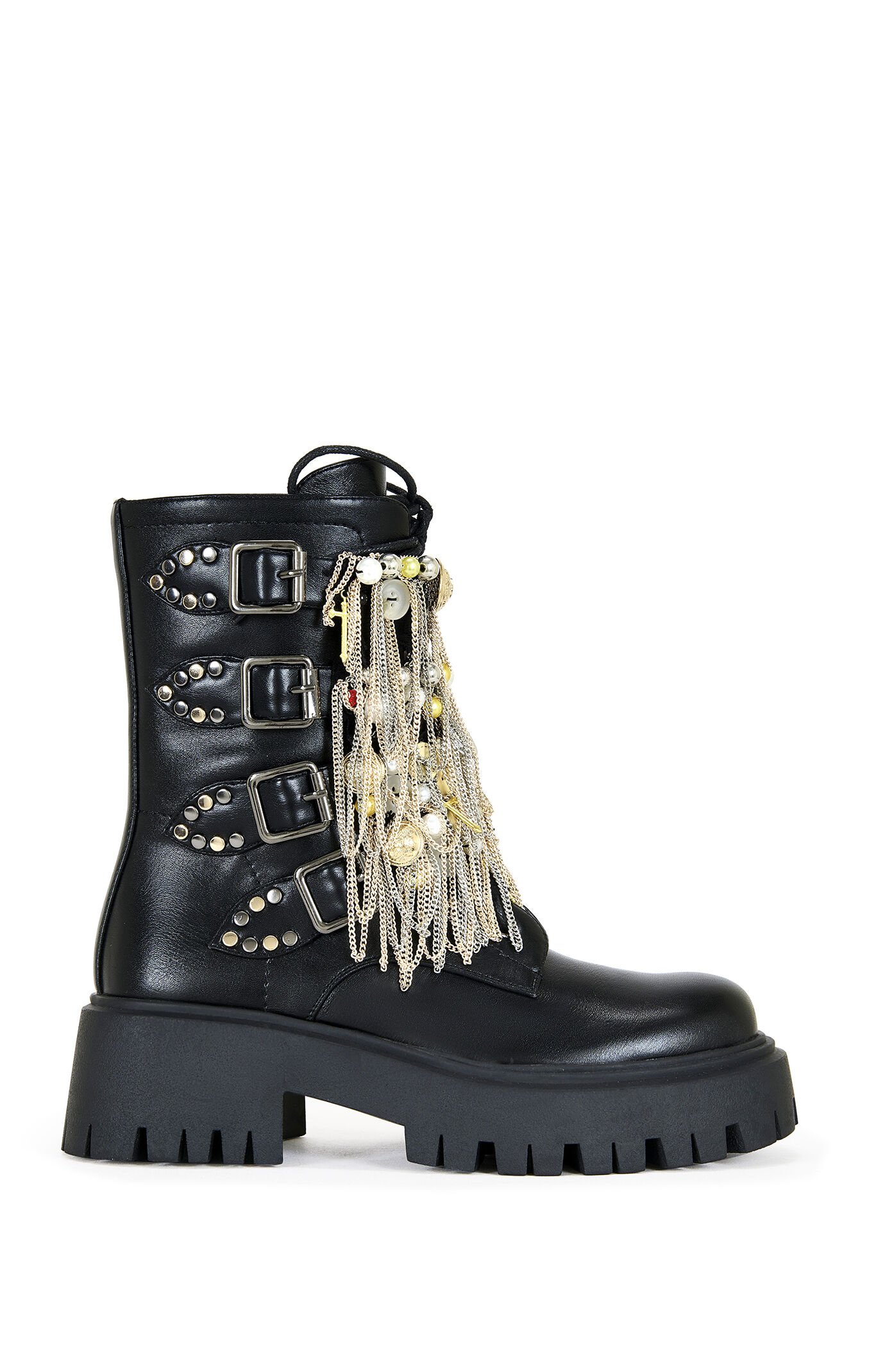AZALEA WANG Megumi Black Chained Up Faux Leather Combat Boots