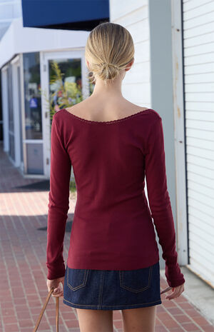 Burgundy Tie Front Long Sleeve Top image number 5