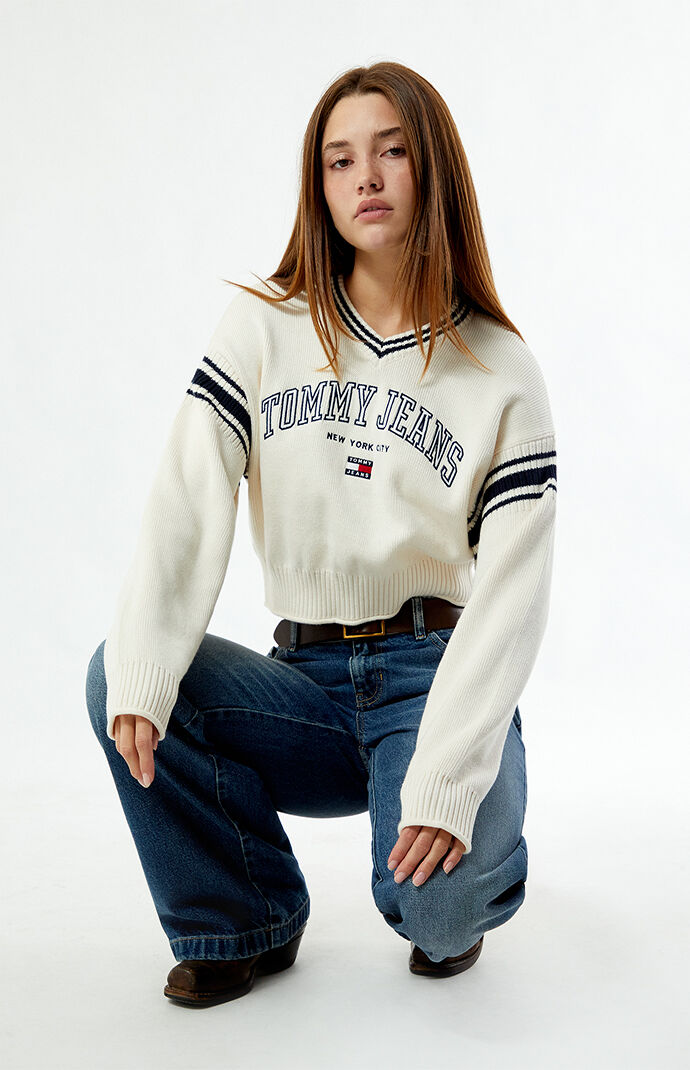 Tommy Jeans Varsity V-Neck Cropped Sweater | PacSun
