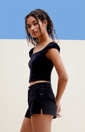 Stretch Black '70s Cutoff Denim Shorts image number 2