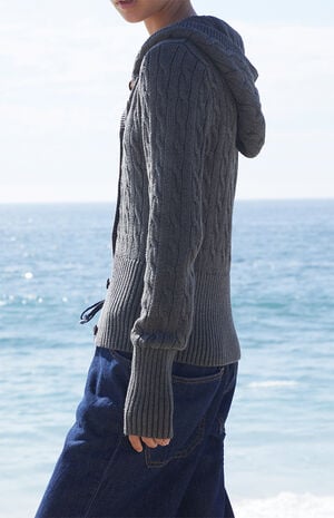 Olive Cable Knit Button Down Hooded Sweater image number 3