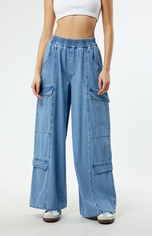 Light Indigo Wide Leg Cargo Jeans image number 3
