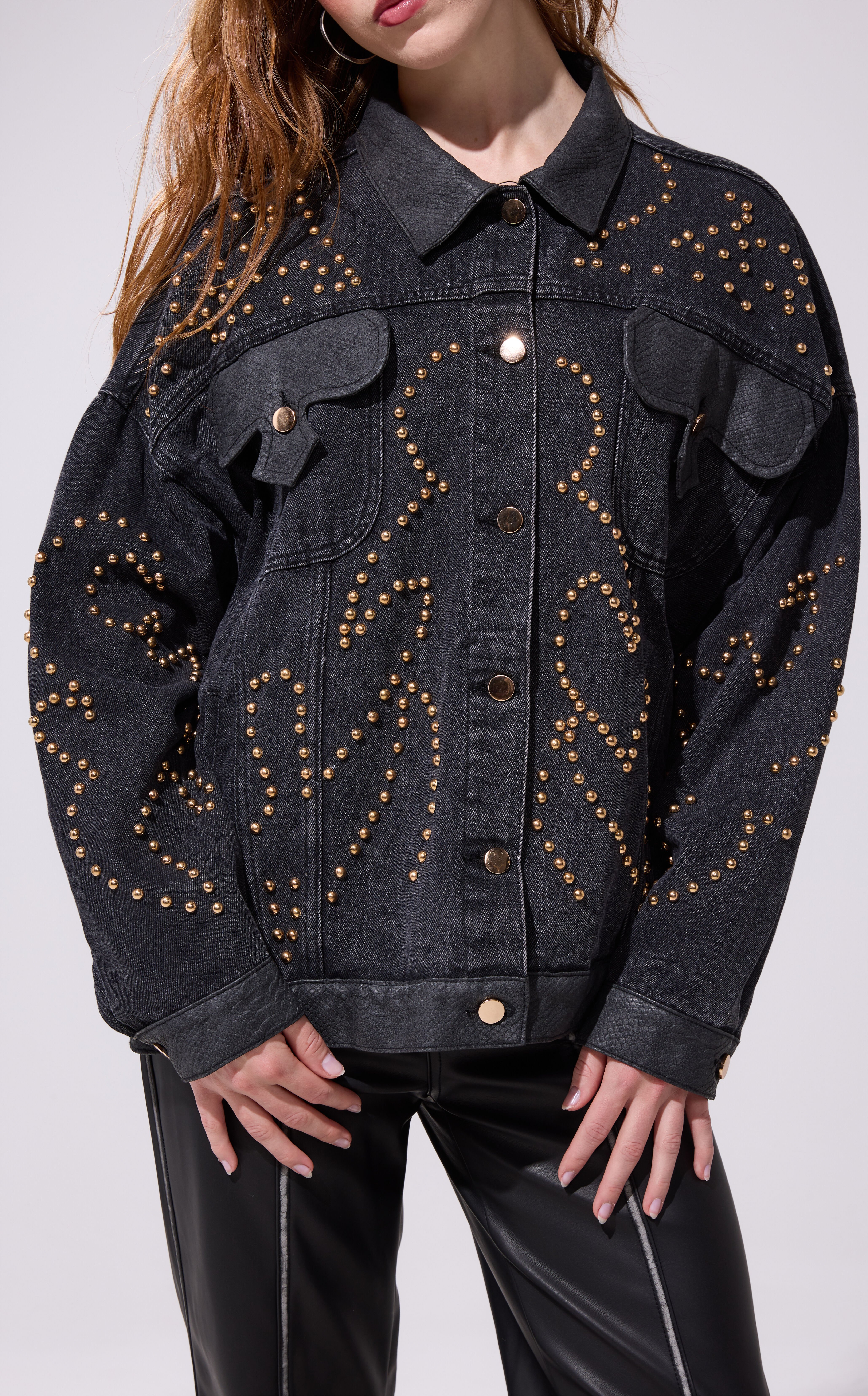 AZALEA WANG Ricki Black Studded Denim Jacket