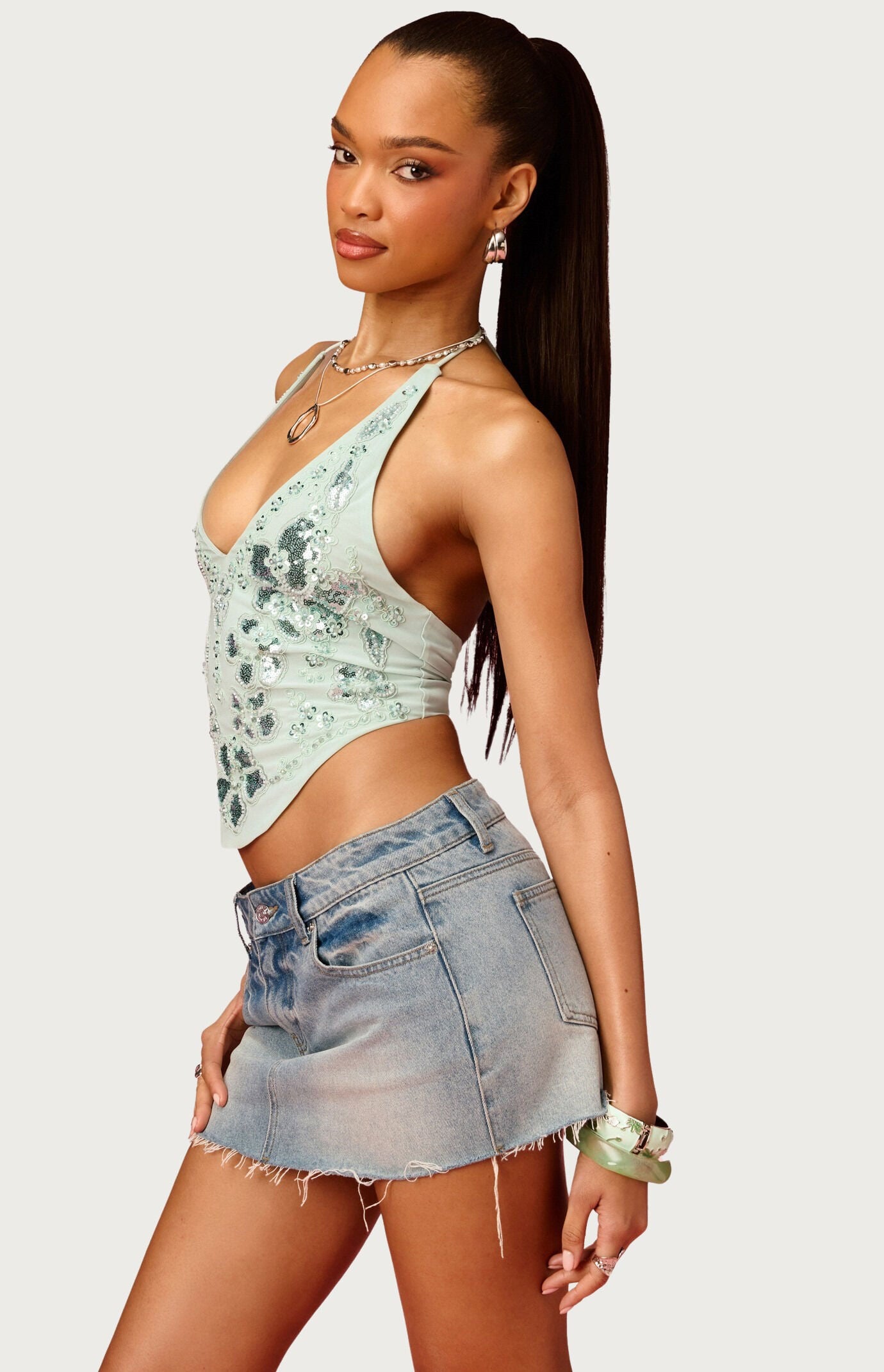Edikted Barbie Beaded & Sequin Mesh Top