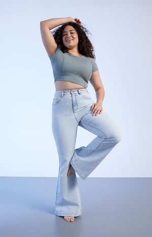 Light Blue Curve High Waisted Flare Jeans image number 6