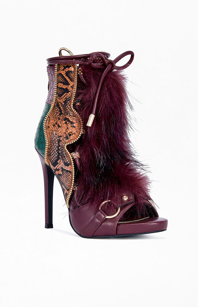 AZALEA WANG Women's Heather Burgundy Faux Fur Stiletto Sandals