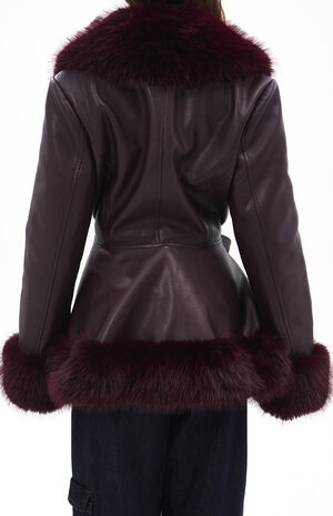 Kenzy Burgundy Faux Leather & Fur Belted Coat image number 2