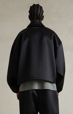 Jet Black Bonded Satin Zip Up Bomber Jacket image number 4