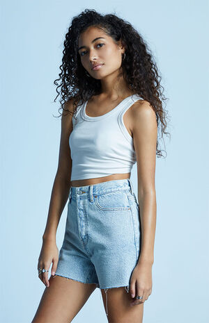 Eco Light Blue Raw Cut '90s Girlfriend Denim Shorts image number 3