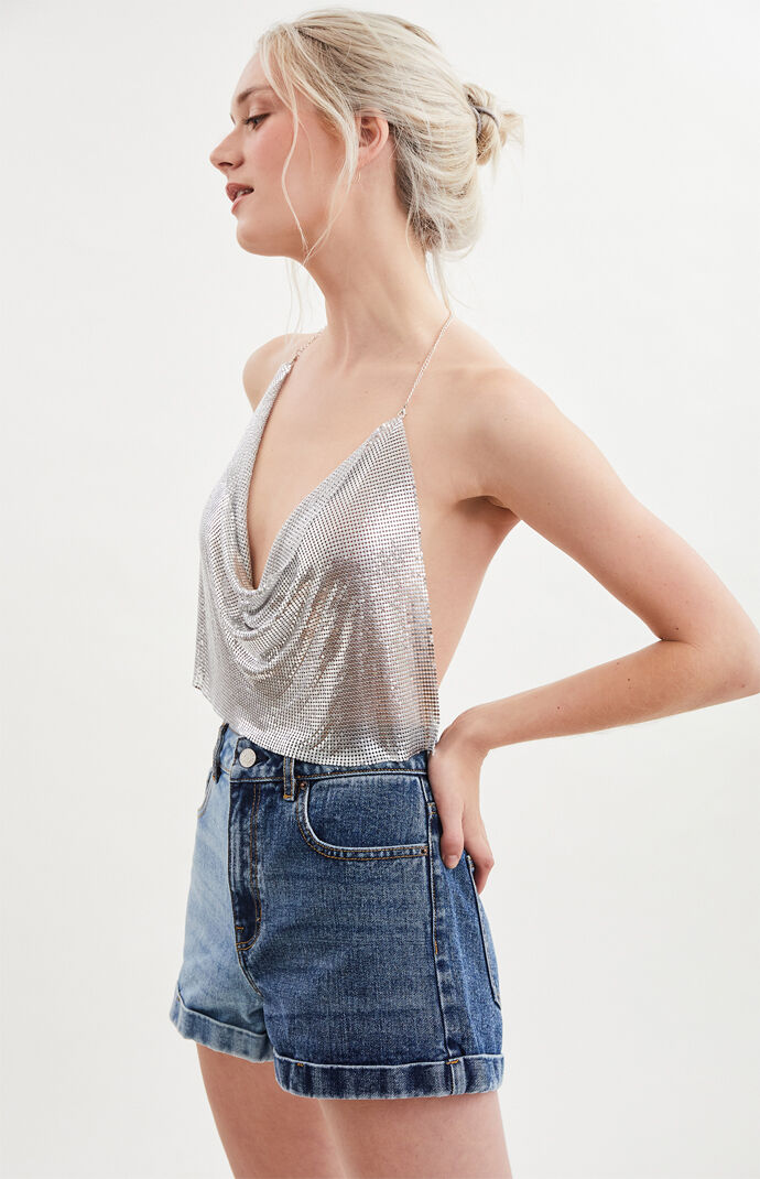 Chain Mail Cowl Neck Halter Top