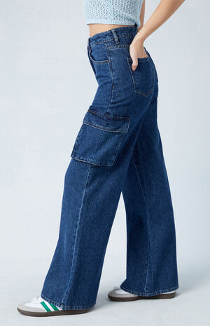 Eco Dark Indigo High Waisted Wide Leg Cargo Jeans Eco Dark Indigo High Waisted Wide Leg Cargo Jeans image number 3