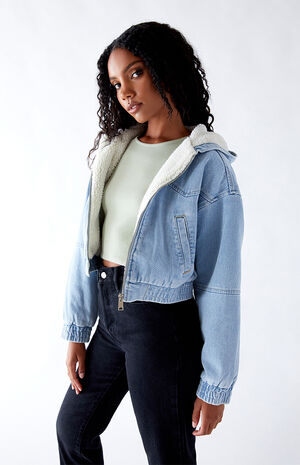Light Indigo Hooded Sherpa Cropped Jacket Light Indigo Hooded Sherpa Cropped Jacket image number null