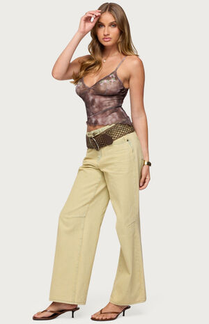 Embroidered Asymmetric Printed Mesh Top image number 4