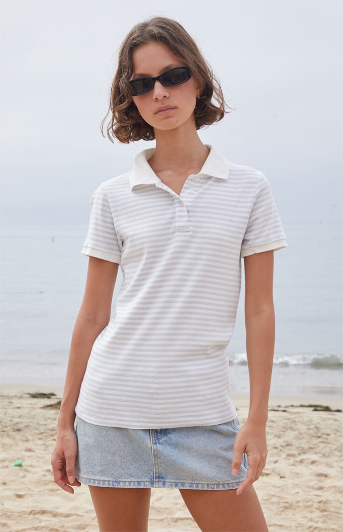 John Galt White & Light Blue Striped Polo Shirt