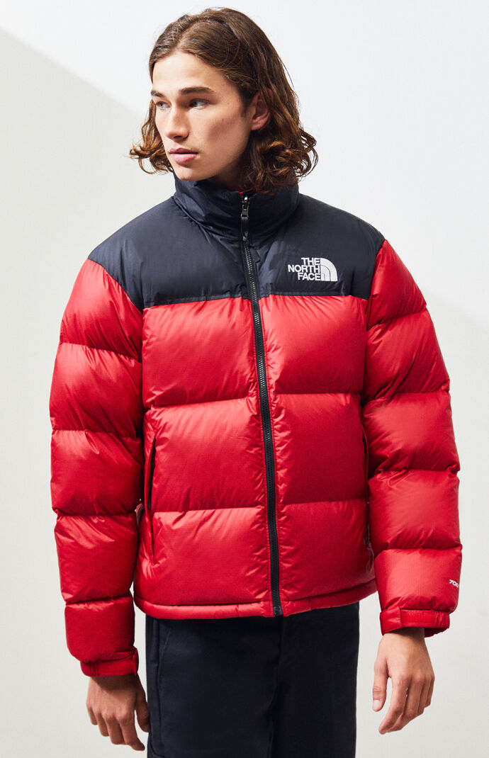 north face red and black puffer jacket 
