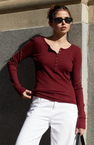 Burgundy Athern Ribbed Long Sleeve Top image number 1