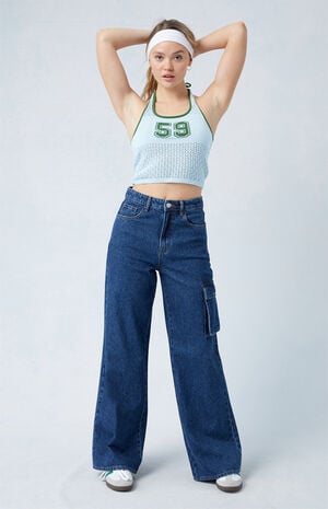 Eco Dark Indigo High Waisted Wide Leg Cargo Jeans Eco Dark Indigo High Waisted Wide Leg Cargo Jeans image number 1