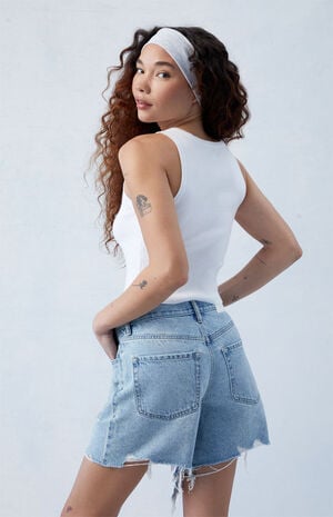 Eco Light Indigo Ripped High Waisted Relaxed Jorts image number 3