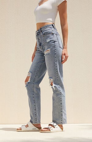 Eco Medium Blue Distressed Dad Jeans image number 3