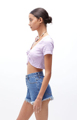 Cow Print Pocket Vintage High Waisted Denim Shorts image number 3