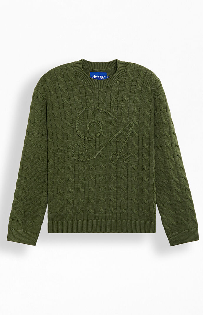 Awake NY Green Cable Knit Applique Crew Neck Sweater