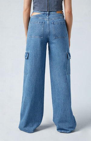 Eco Medium Indigo Asymmetrical Mid-rise Baggy Cargo Jeans image number 4