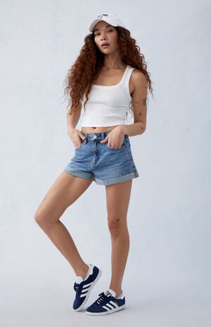 Eco Medium Indigo Roll Cuff Denim Mom Shorts image number 4