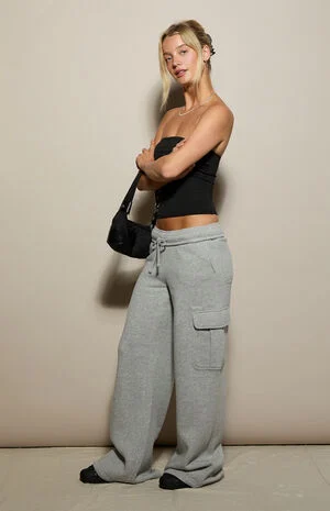 Heather Grey Ultra Soft Fleece Cargo Baggy Sweatpants image number 1