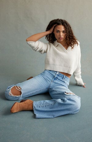Light Indigo Ripped Low Rise Baggy Jeans image number 1