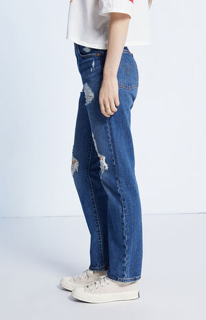 501 Dark Blue Ripped Straight Leg Jeans image number 3