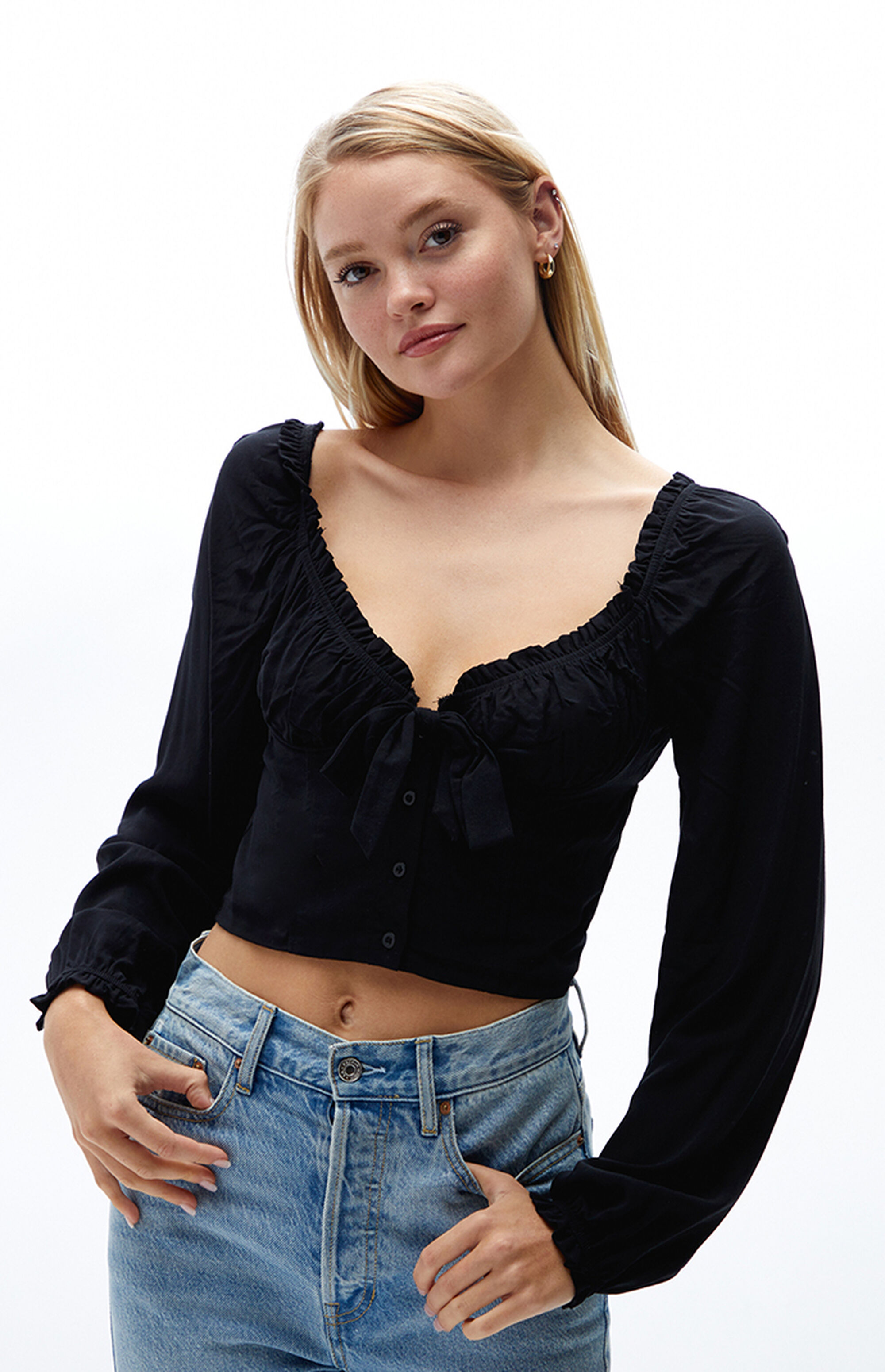 LA Hearts Long Sleeve Tie Front Bustier Top PacSun