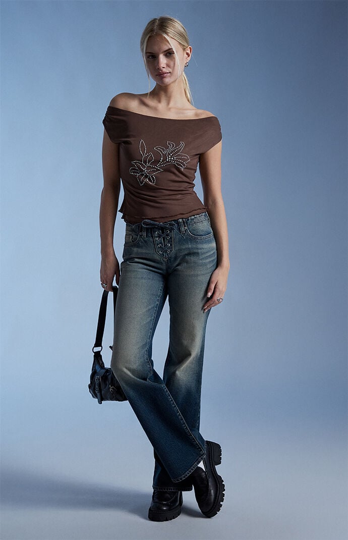 Third Charm Studded Floral Off-The-Shoulder Top