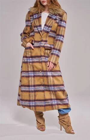 Talora Tan Plaid Long Faux Fur Trench Coat image number 1