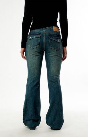 Jade Low Rise Bootcut Jeans Button Pocket Dark Blue image number 4