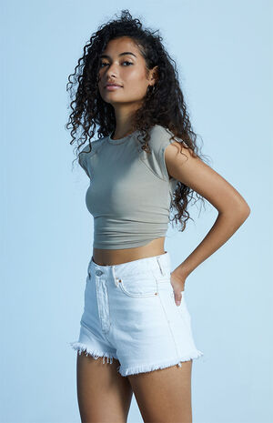Eco White High Waisted Denim Festival Shorts image number 2