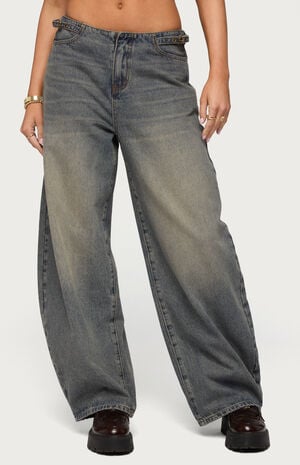 Side Belt Low Rise Barrel Jeans image number 1