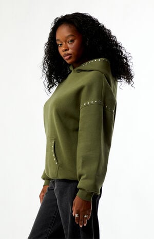 Green Studded Solid Pullover Hoodie image number 4