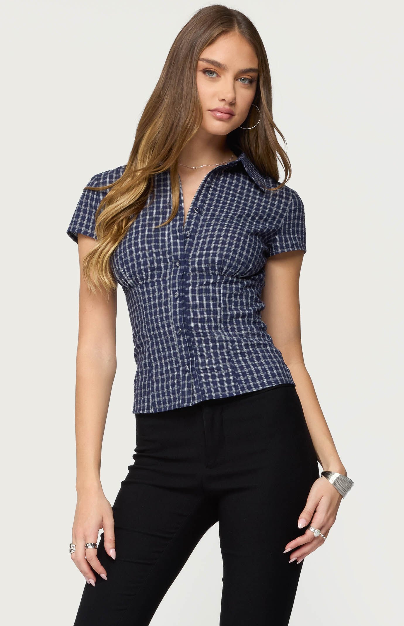 Edikted Oriya Gingham Tailored Button Up Shirt