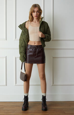 Stretch Mid Rise Faux Leather Mini Skirt image number 6