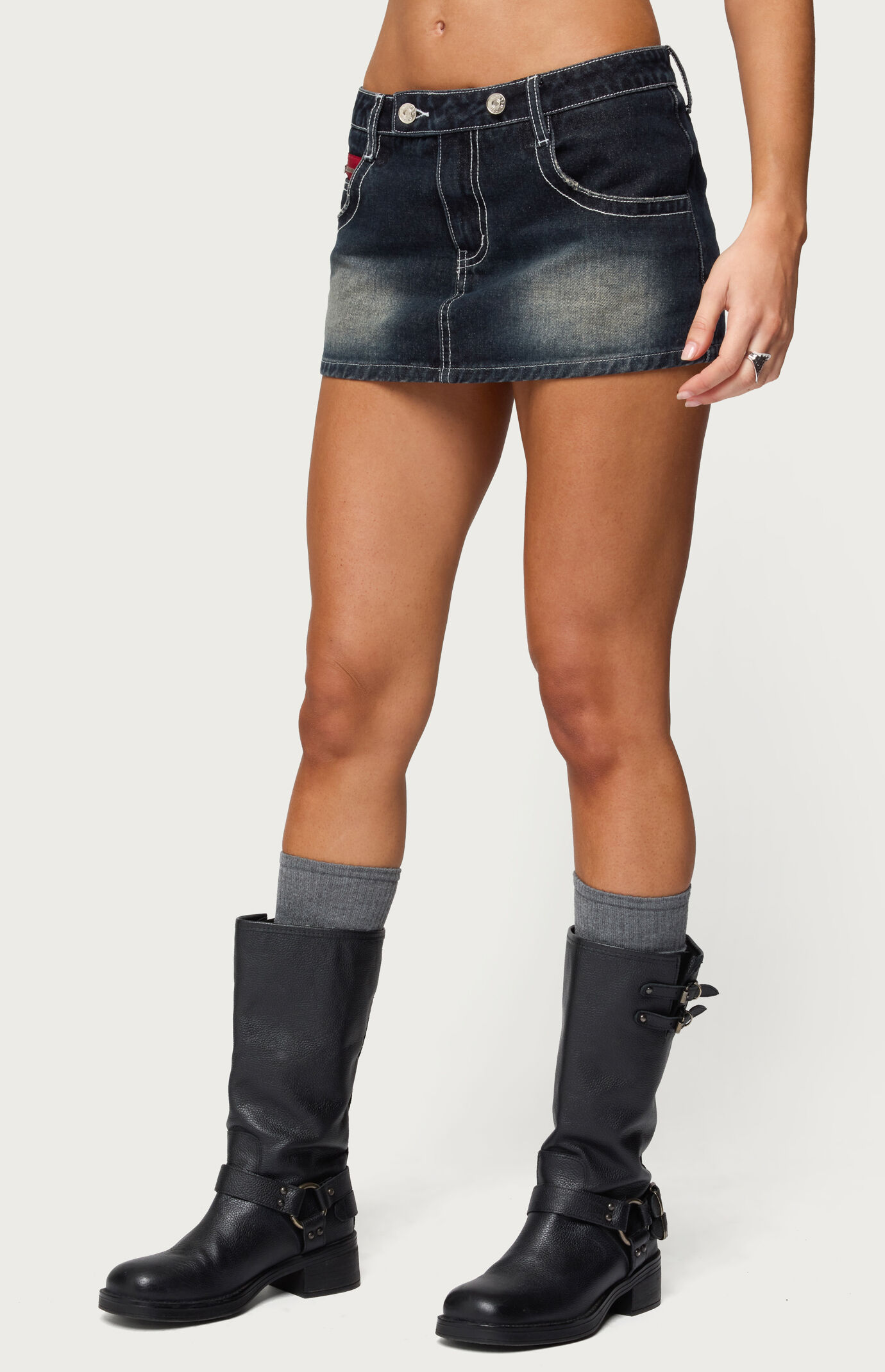 Edikted Jakari Contrast Stitch Denim Mini Skort