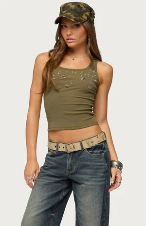 Pierced Grommet Ribbed Tank Top image number 1