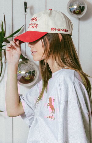 Cream & Red Text Me When You Get Lonely Snapback Hat image number 2