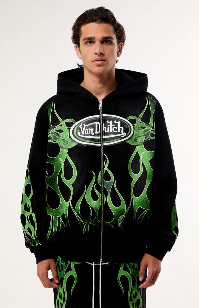 Von Dutch Green Flame Zip Up Hoodie